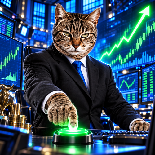StonkCat hitting the glowing market button on the trading floor