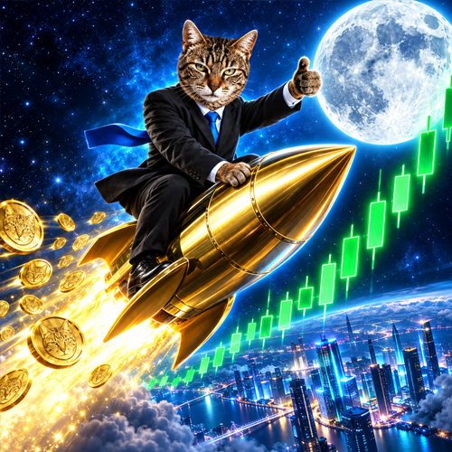 StonkCat riding a golden rocket past green candles