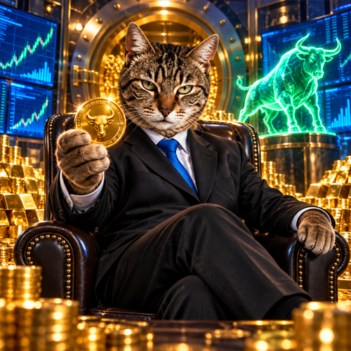 StonkCat ruling the vault with a golden bull coin